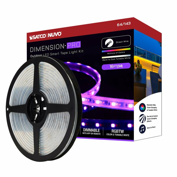 Nuvo Dimension Pro Tape Light Strip 16 ft. RGB + Tunable White - J-Box - IP65 - Starfish IOT - RF Remote 64/143